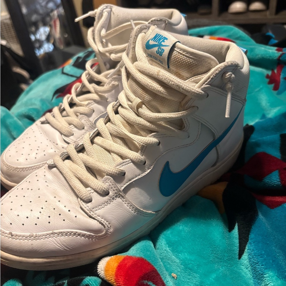 Nike White and Teal High-Top Sneakers
